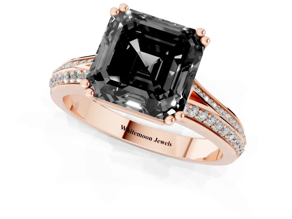 Fancy Black Asscher Cut Diamond Split Shank Engagement Ring with Pavé Band Rose gold