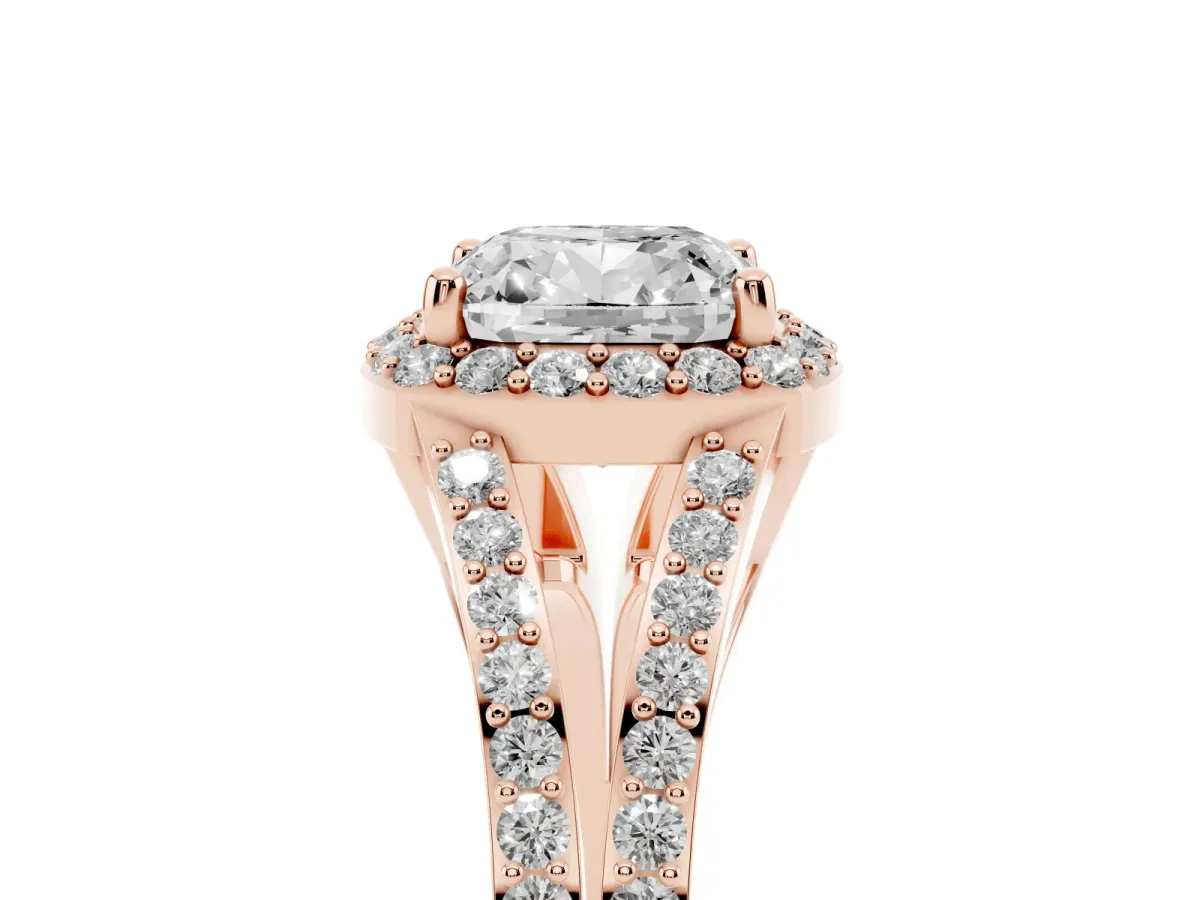 Cushion Cut Halo Split Shank Pave Diamond Ring with Four-Prong Setting Rose gold