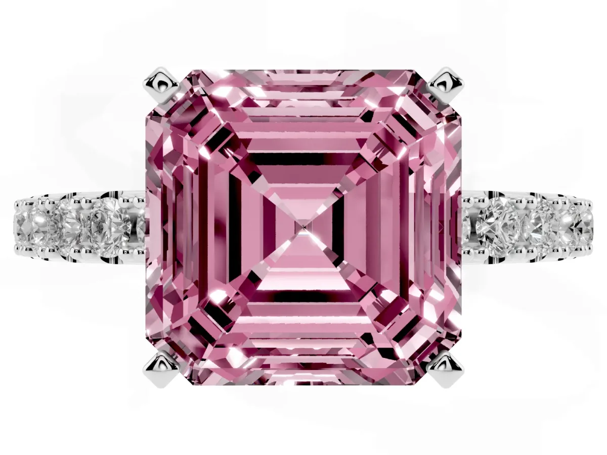 Fancy Pink Asscher Cut Diamond Solitaire Pavé Band with Four-Prong Setting Silver