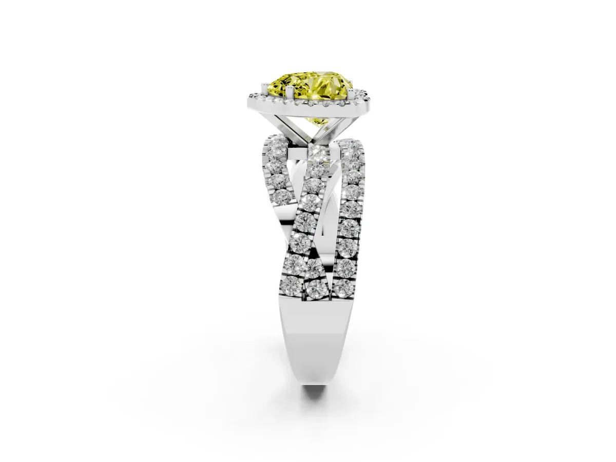 Fancy Yellow Heart Cut Diamond Halo Ring with Round Split Shank and Prong Setting Silver