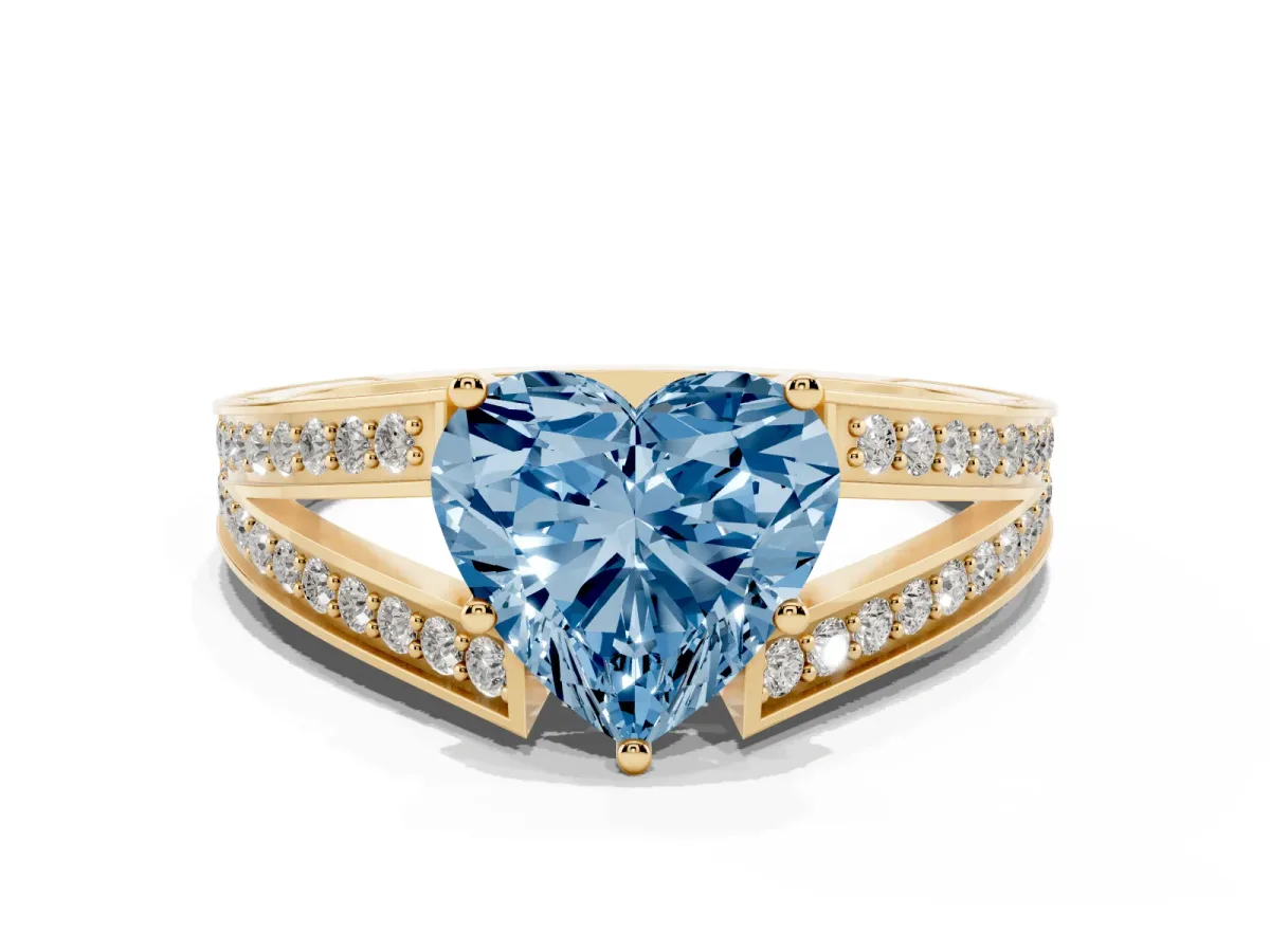 Fancy Blue Heart Cut Diamond Split Shank Ring with Pavé Band and Four-Prong Setting Yellow gold