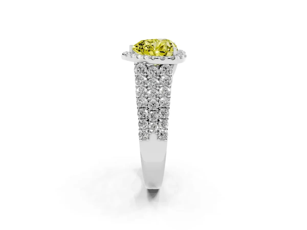 Fancy Yellow Heart Cut Diamond Halo Engagement Ring with Triple Row Round Pavé Band and Prong Setting Platinum