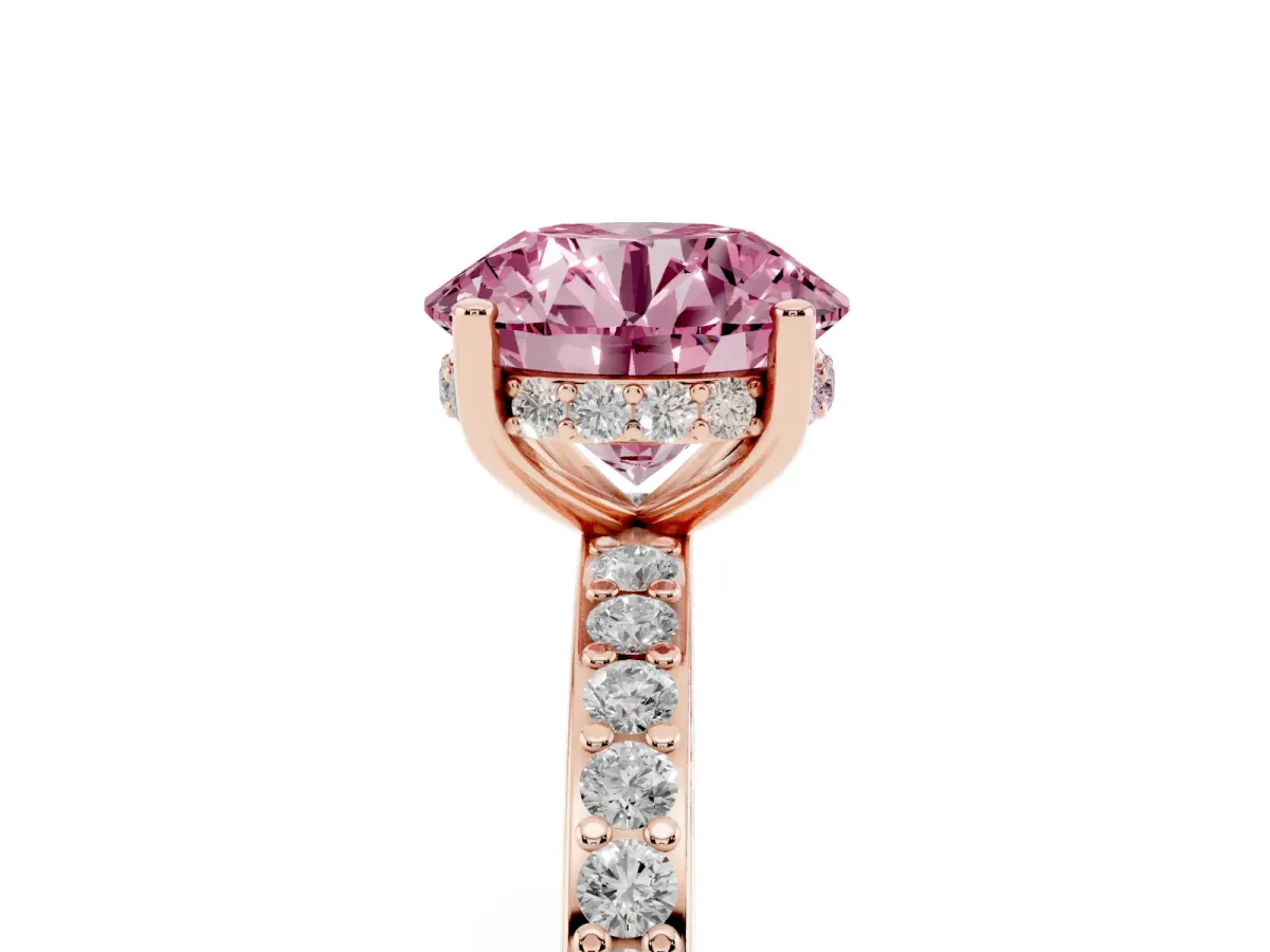 Fancy Pink Round Cut Cut Diamond Pavé Band Ring with Four-Prong Setting Rose gold