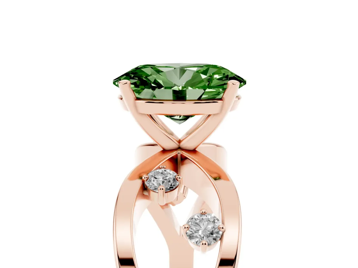 Fancy Green Oval Cut Cut Solitaire Diamond with Side Stones on Criss-Cross Band and Four-Prong Setting Rose gold