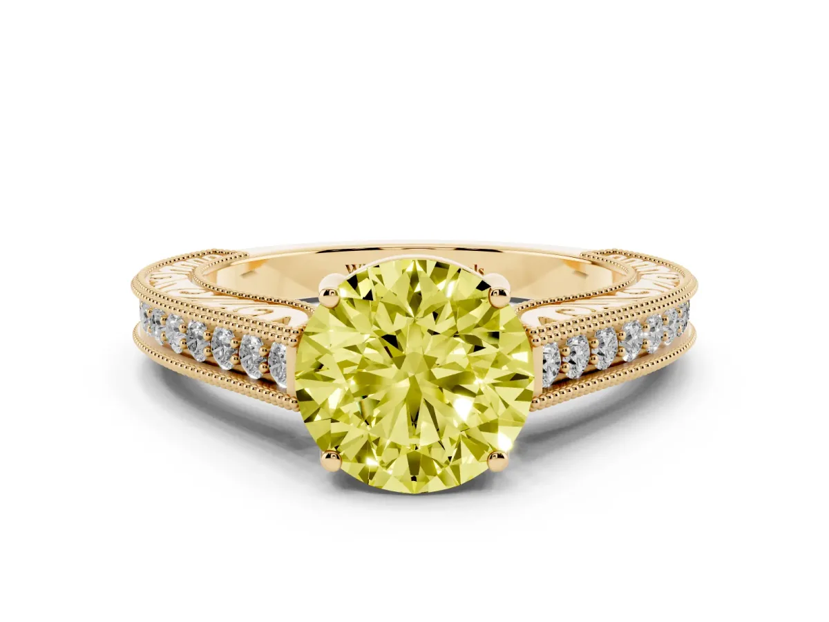 Fancy Yellow Round Cut Cut Pave Band Milgrain Solitaire Ring Yellow gold