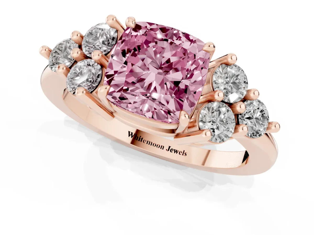 Fancy Pink Cushion Cut Brilliant Diamond Cluster Accent Solitaire Ring with Prong Setting Rose gold