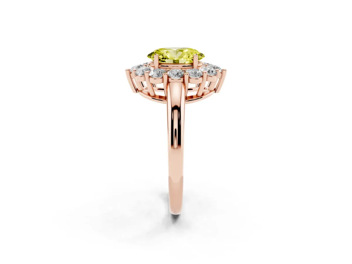 Fancy Yellow Oval Cut Halo Cluster Diamond Engagement Ring with Prong Setting and Polished Band Rose gold