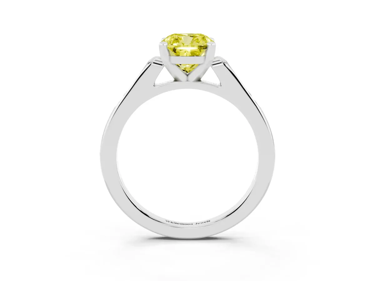 Fancy Yellow Cushion Cut Diamond Solitaire Ring with Channel Set Round Band and Prong Setting Silver