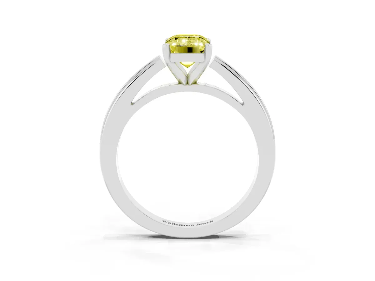 Fancy Yellow Emerald Cut Solitaire Diamond Ring with Four-Prong Setting and Classic Band Silver