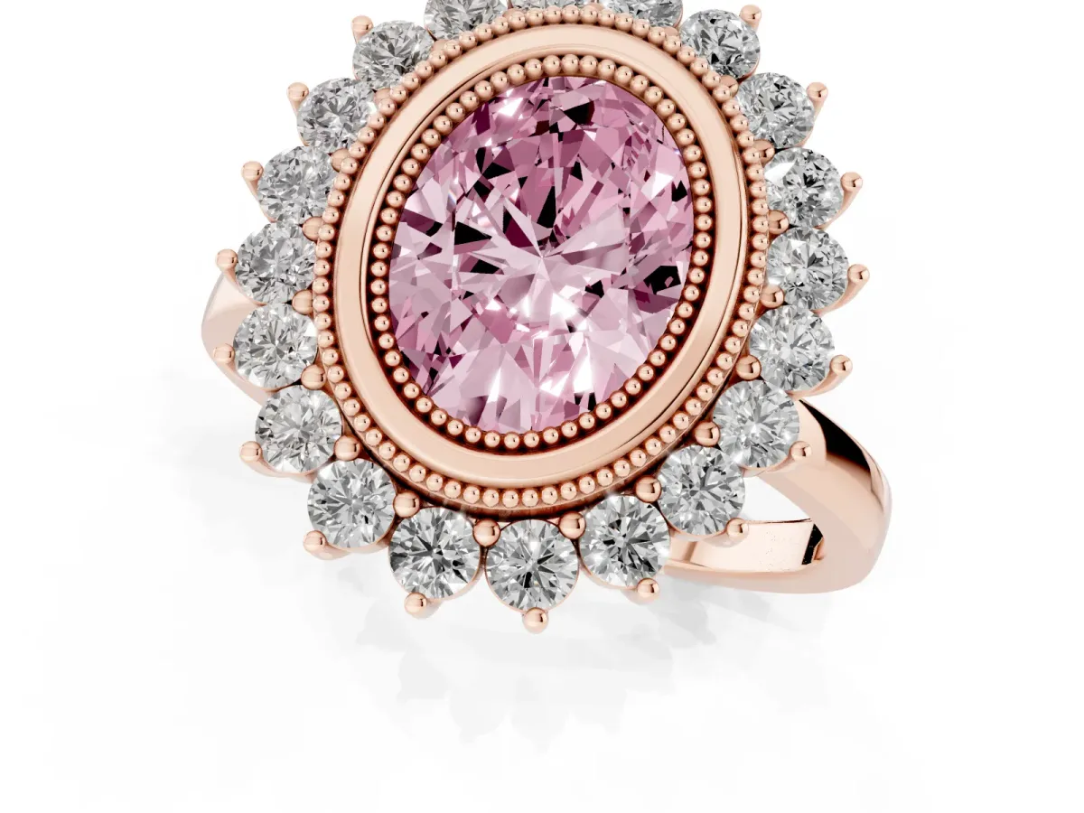 Fancy Pink Oval Cut Halo Diamond Ring with Milgrain Edge and Round Prong Setting Rose gold