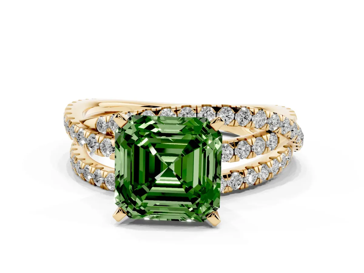 Fancy Green Asscher Cut Solitaire Twist Band with Pavé Setting and Four-Prong Setting Yellow gold