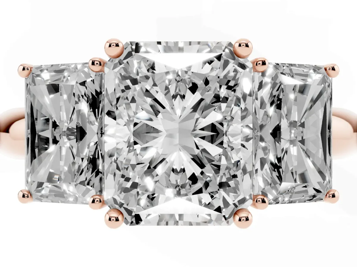 Three-Stone Radiant Cut Cut Diamond Engagement Ring with Prong Setting on a White Gold Band Rose gold