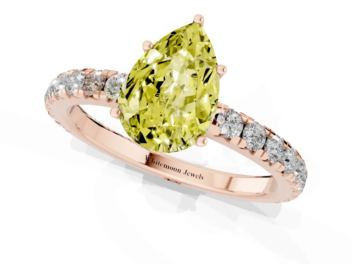 Fancy Yellow Pear Cut Diamond Pavé Solitaire Engagement Ring with Four-Prong Setting Rose gold