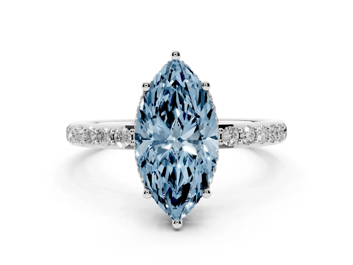 Fancy Blue Marquise Cut Diamond Solitaire Ring with Pavé Band and Hidden Halo Silver