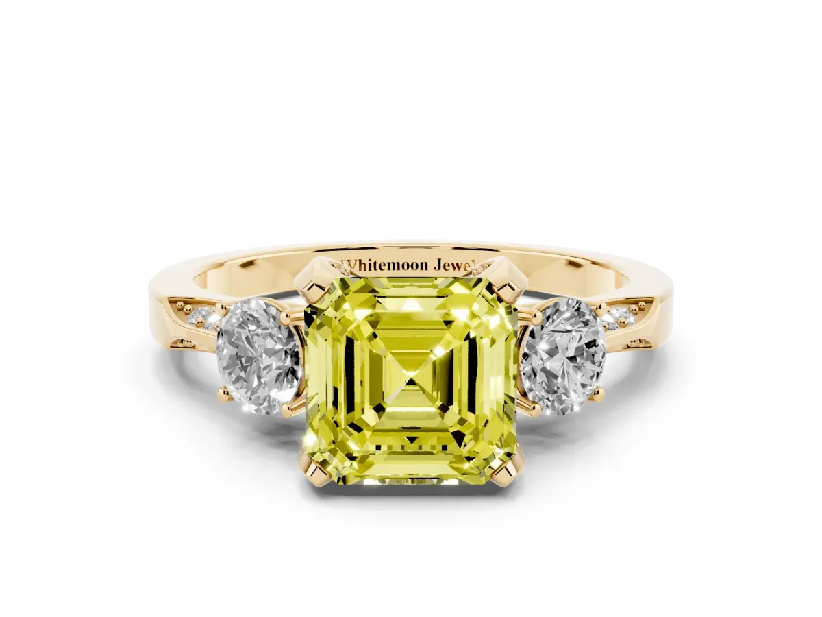 Fancy Yellow Asscher Cut Brilliant Three-Stone Diamond Ring with Pavé Band and Four-Prong Setting Yellow gold