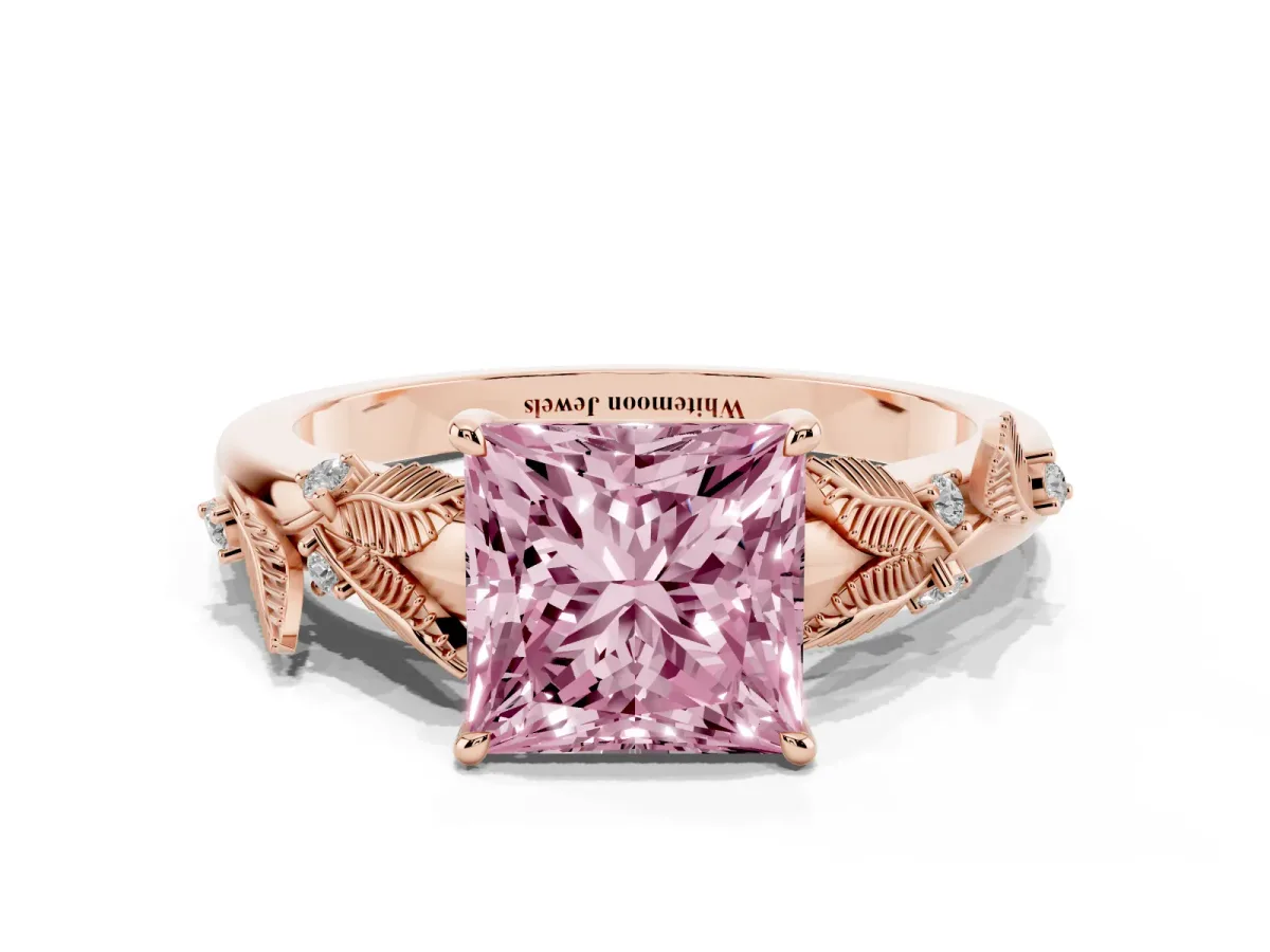 Fancy Pink Princess Cut Diamond Solitaire Ring with Leaf Motif Band and Four-Prong Setting Rose gold