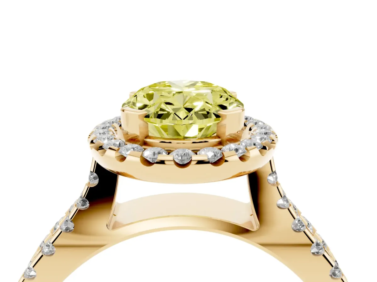 Fancy Yellow Oval Cut Diamond Halo Ring with Split Shank Pavé Band and Prong Setting Yellow gold