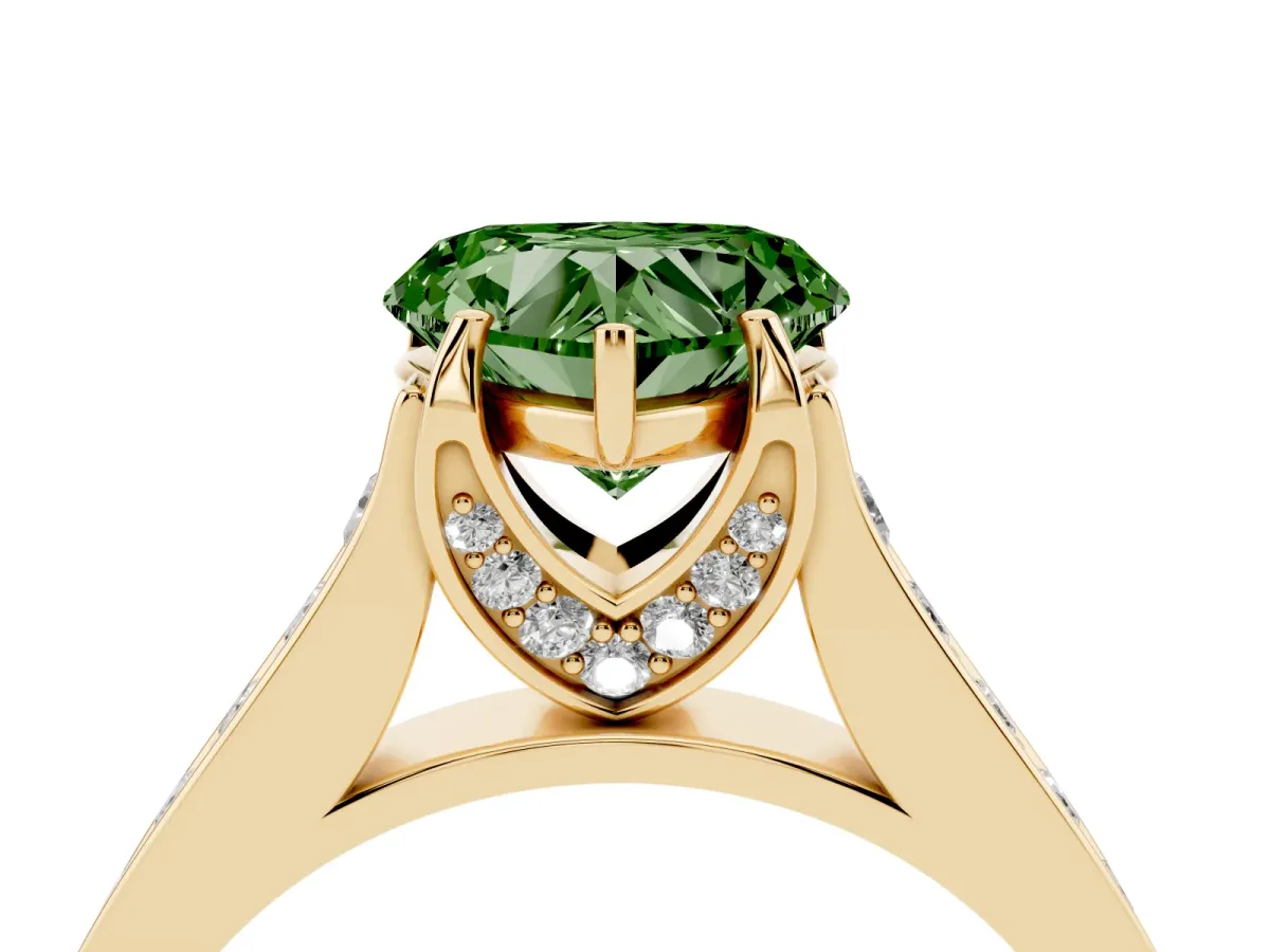 Fancy Green Heart Cut Brilliant Cut Diamond Engagement Ring with Pavé Band and Four-Prong Setting Yellow gold