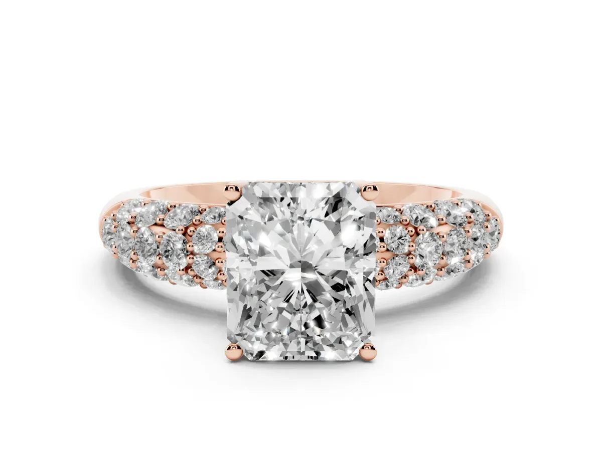 Radiant Cut Diamond Pavé Band Solitaire Ring with Four-Prong Setting Rose gold