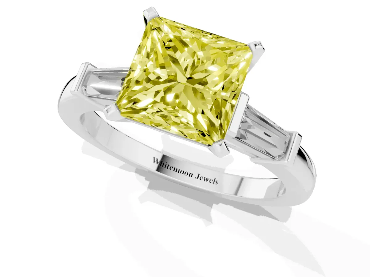 Fancy Yellow Princess Cut Cut Diamond Solitaire Ring with Tapered Baguette Accents and Four-Prong Setting Silver