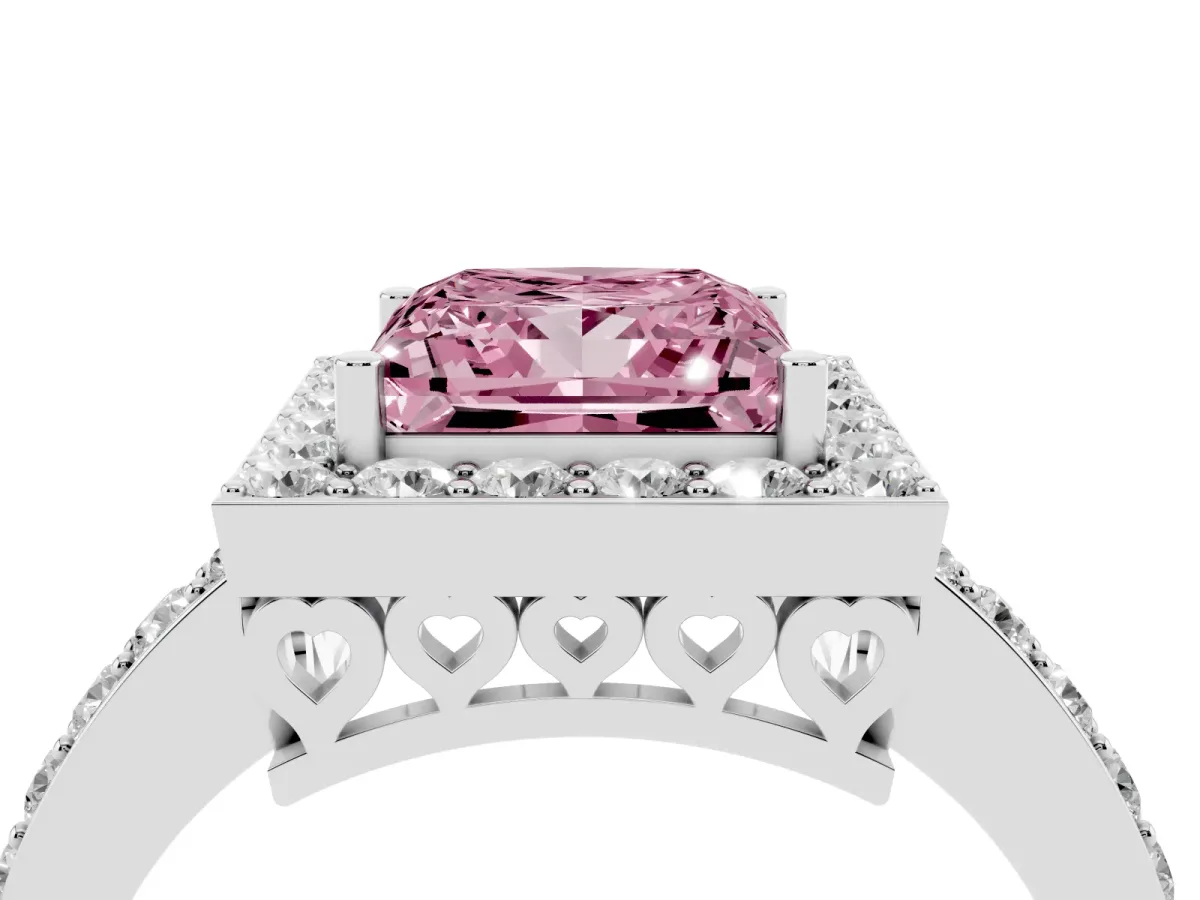 Fancy Pink Princess Cut Halo Diamond Pavé Band Ring with Prong Setting Silver