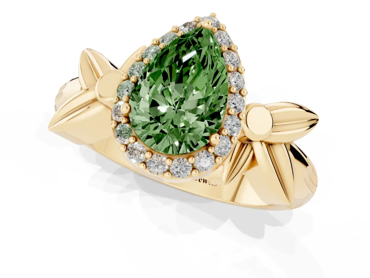 Fancy Green Pear Cut Halo Diamond Floral Band with Four-Prong Setting Yellow gold
