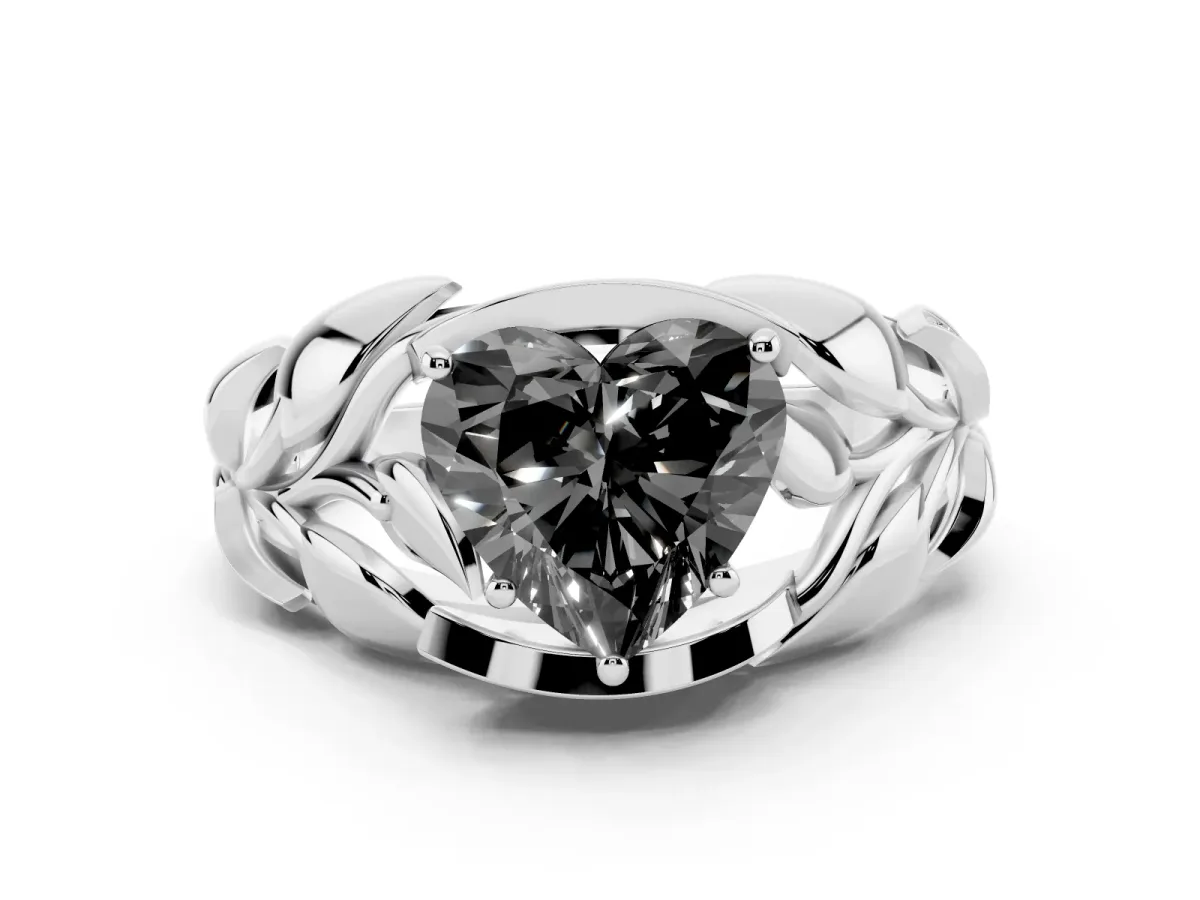 Fancy Black Heart Cut Diamond Leaf-Inspired Engagement Ring with Round Accents and Prong Setting Silver