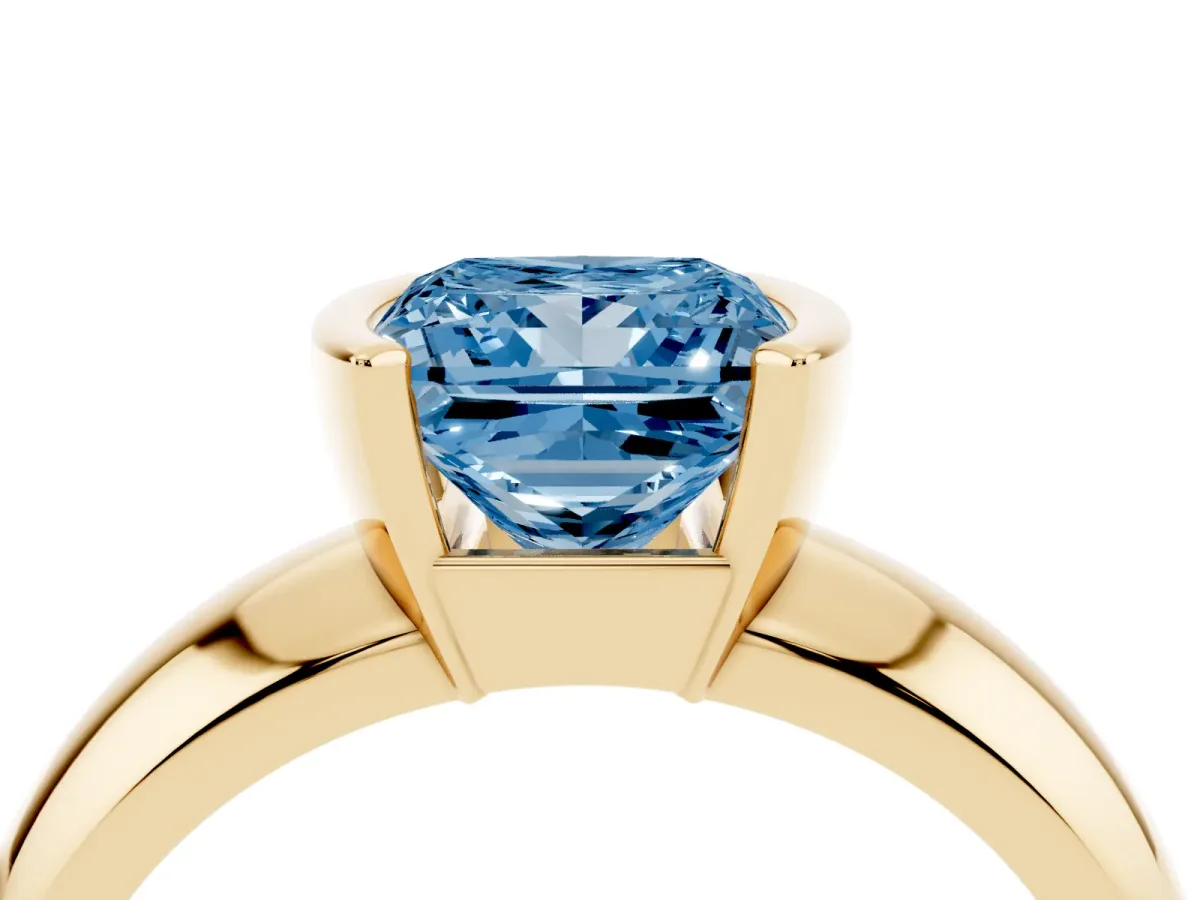 Fancy Blue Princess Cut Solitaire Tension Set Diamond Ring with Wide Band Yellow gold