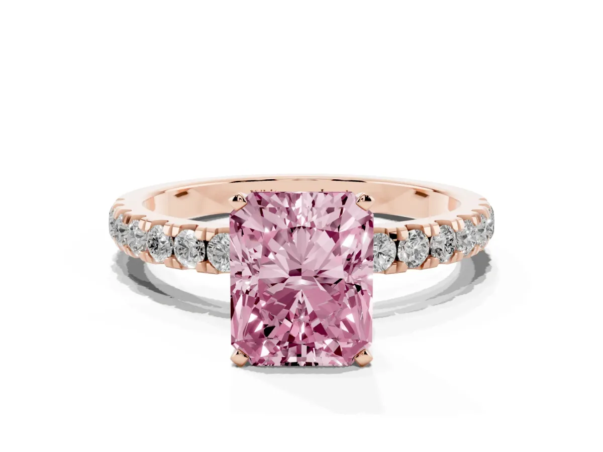 Fancy Pink Radiant Cut Diamond Solitaire Ring with Pavé Accents and Four-Prong Setting Rose gold