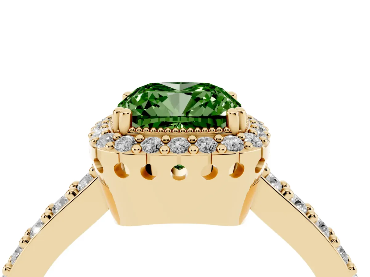 Fancy Green Cushion Cut Cut Diamond Halo Engagement Ring with Milgrain Detail and Pavé Band Yellow gold