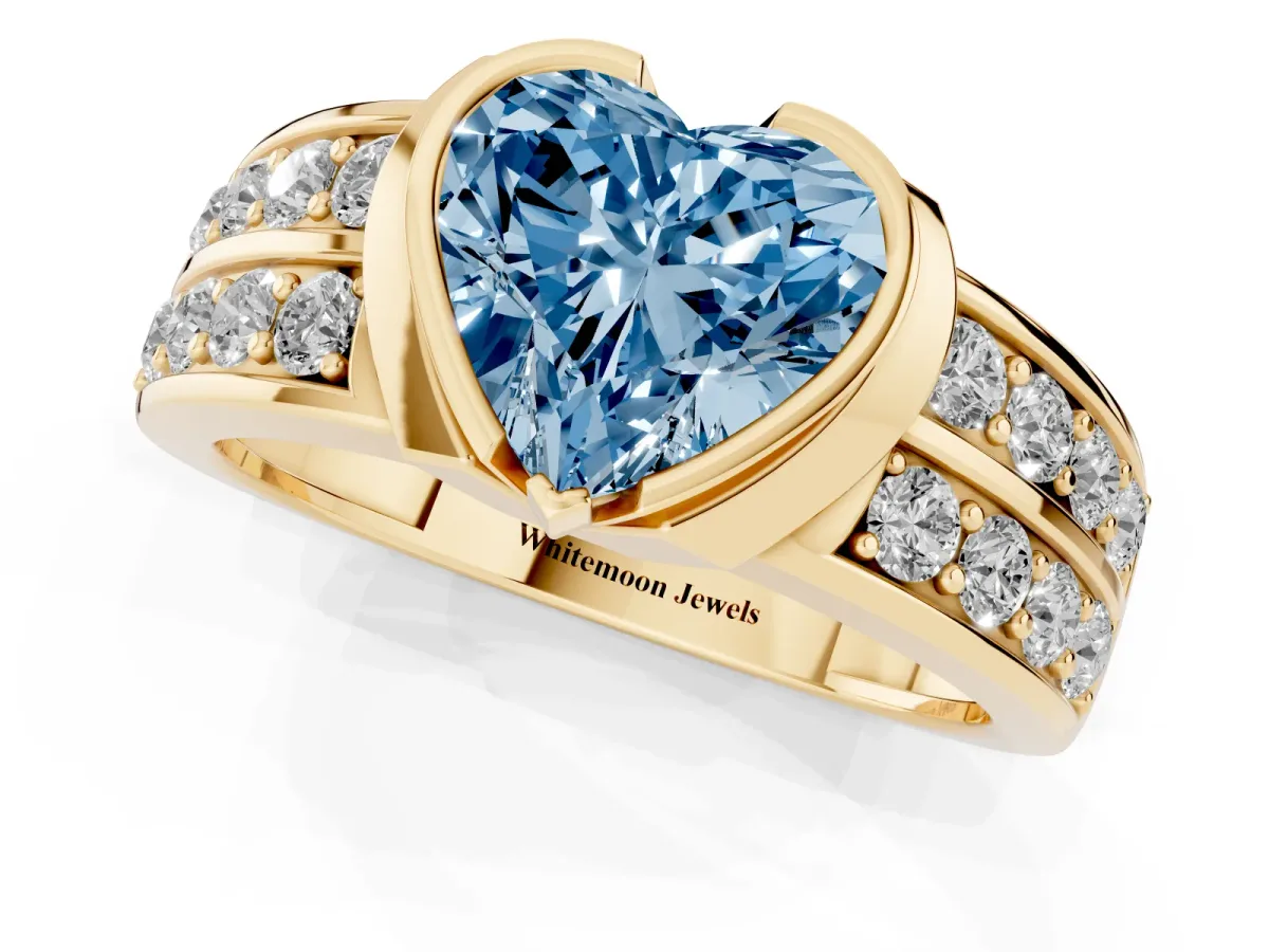 Fancy Blue Heart Cut Brilliant Diamond Channel Set Wide Band Ring with Bezel Setting Yellow gold