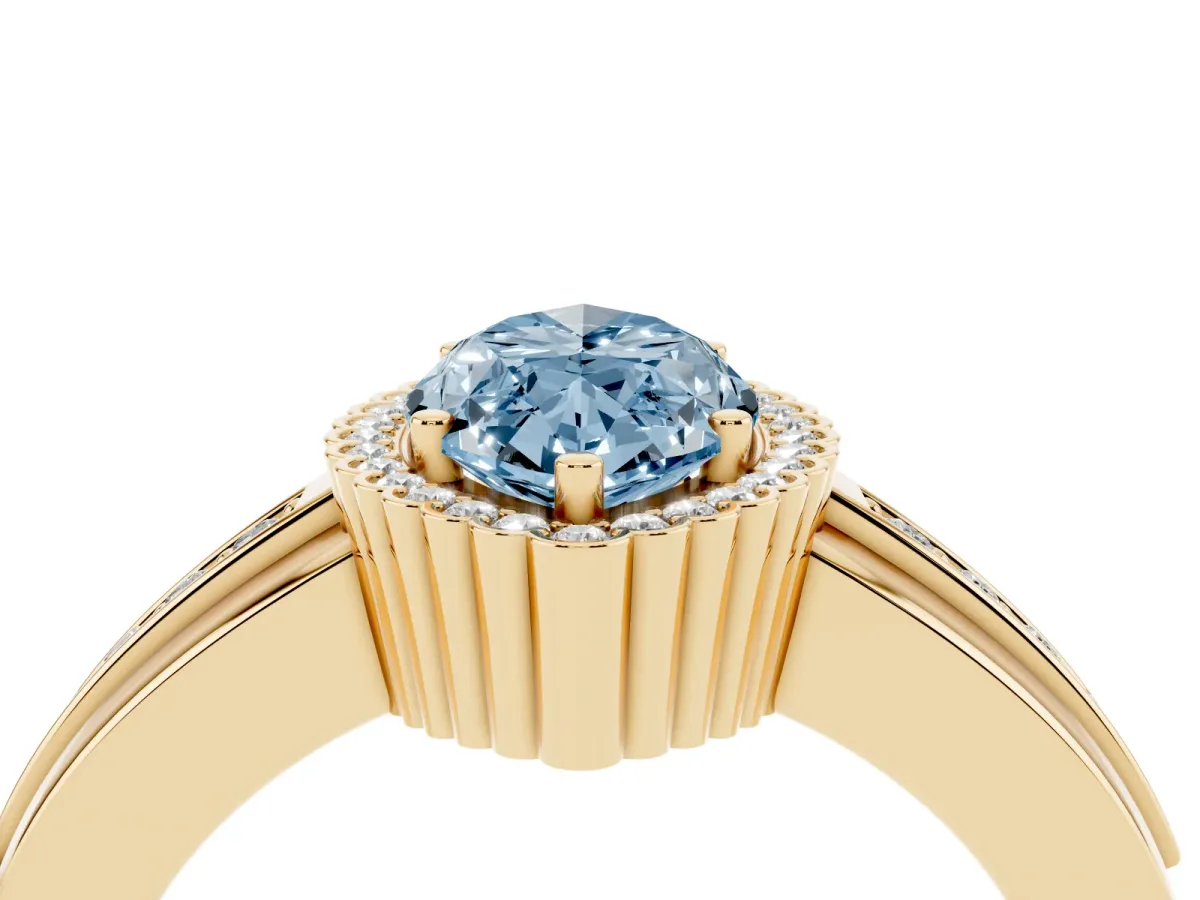 Fancy Blue Marquise Cut Cut Halo Pave Band Four-Prong Ring Yellow gold