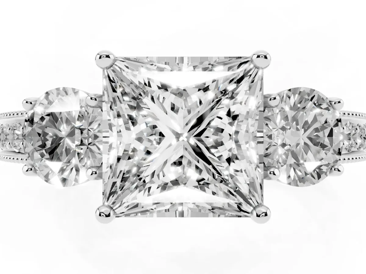 Princess Cut Three-Stone Diamond Ring with Pavé Band and Four-Prong Setting Silver
