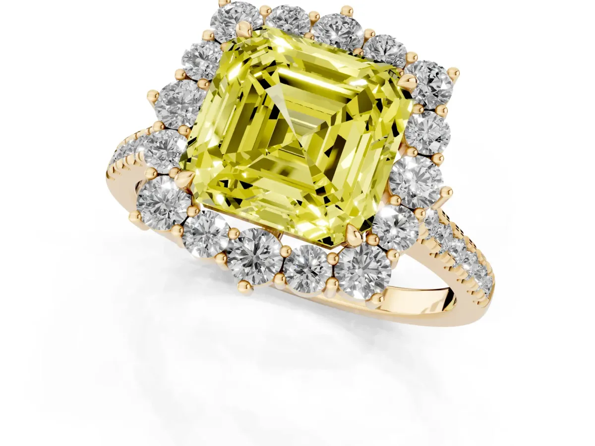Fancy Yellow Asscher Cut Halo Diamond Ring with Pavé Band and Prong Setting Yellow gold