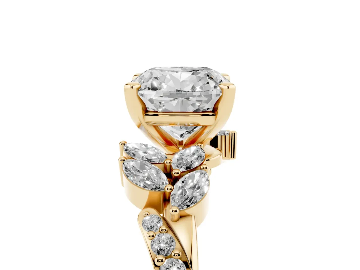 Cushion Cut Solitaire Marquise Twist Band with Six-Prong Setting Yellow gold