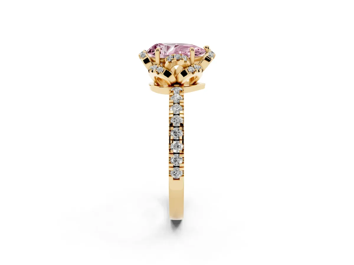 Fancy Pink Pear Cut Diamond Halo Pave Band with Four-Prong Setting Yellow gold