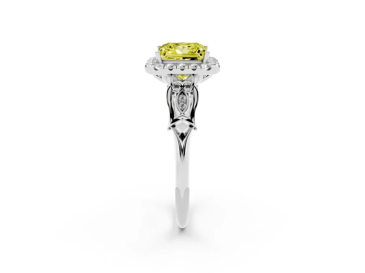 Fancy Yellow Princess Cut Halo Diamond Engagement Ring with Filigree Band and Four-Prong Setting White gold