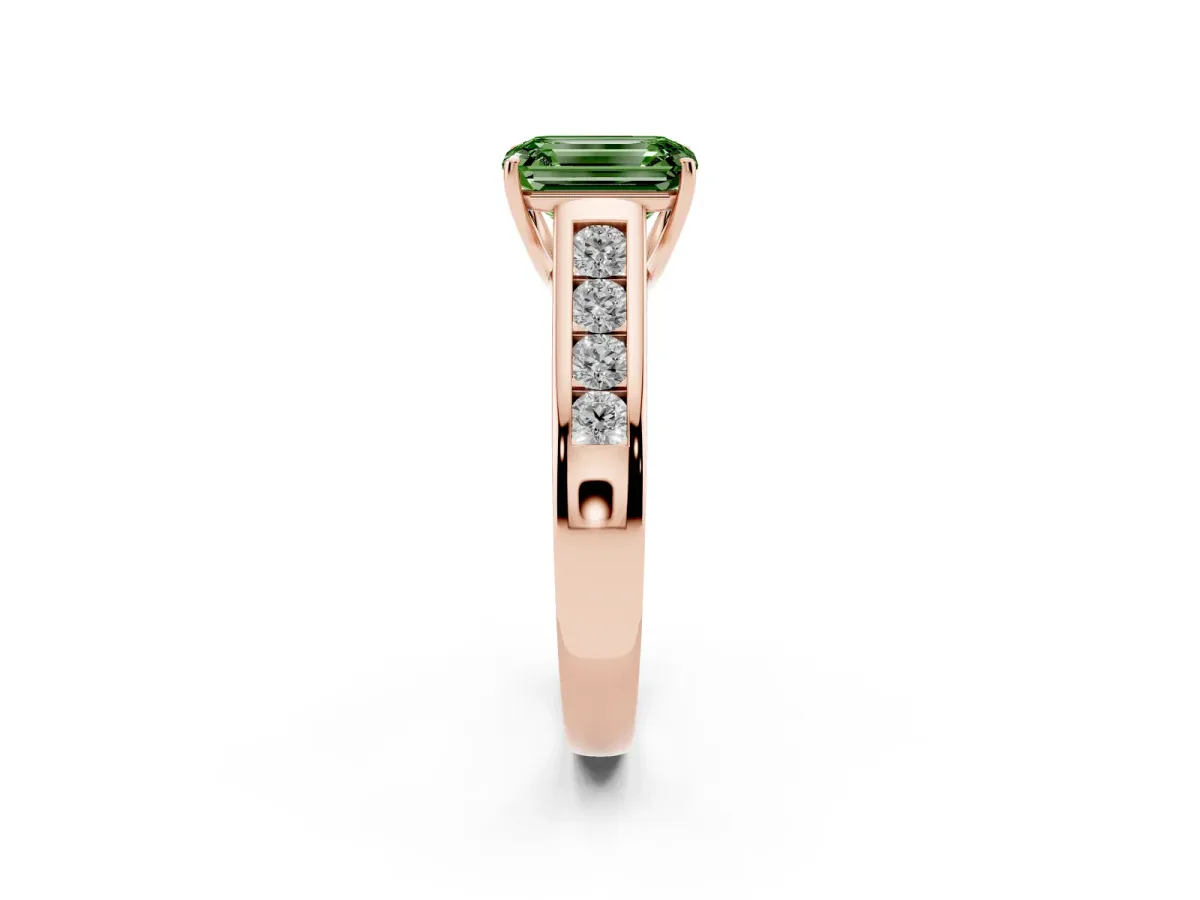 Fancy Green Emerald Cut Brilliant Channel-Set Solitaire Ring with Four-Prong Setting Rose gold