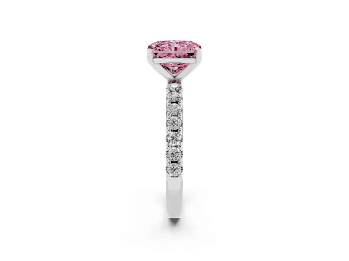 Fancy Pink Radiant Cut Diamond Solitaire Pavé Band with Four-Prong Setting Silver