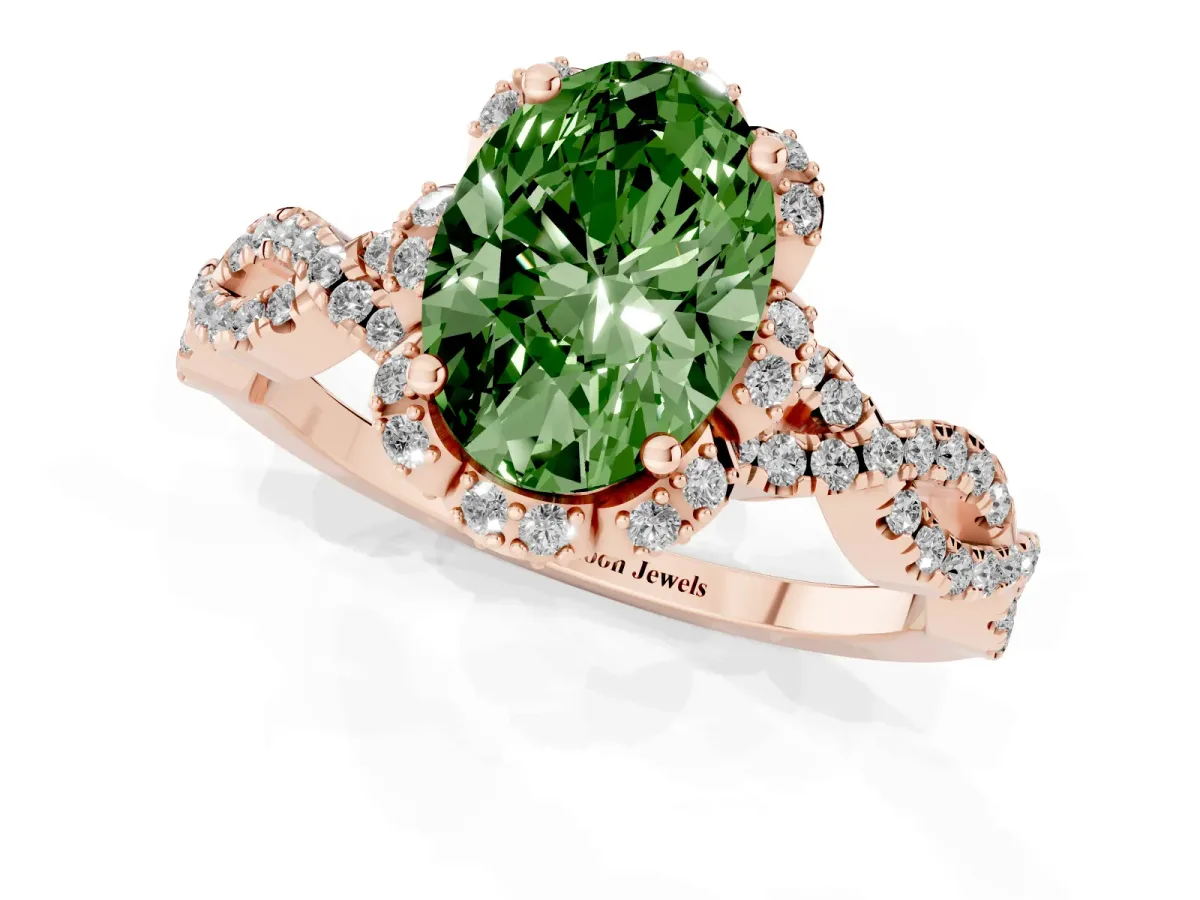 Fancy Green Oval Cut Halo Twist Band Solitaire Ring with Six-Prong Setting Rose gold