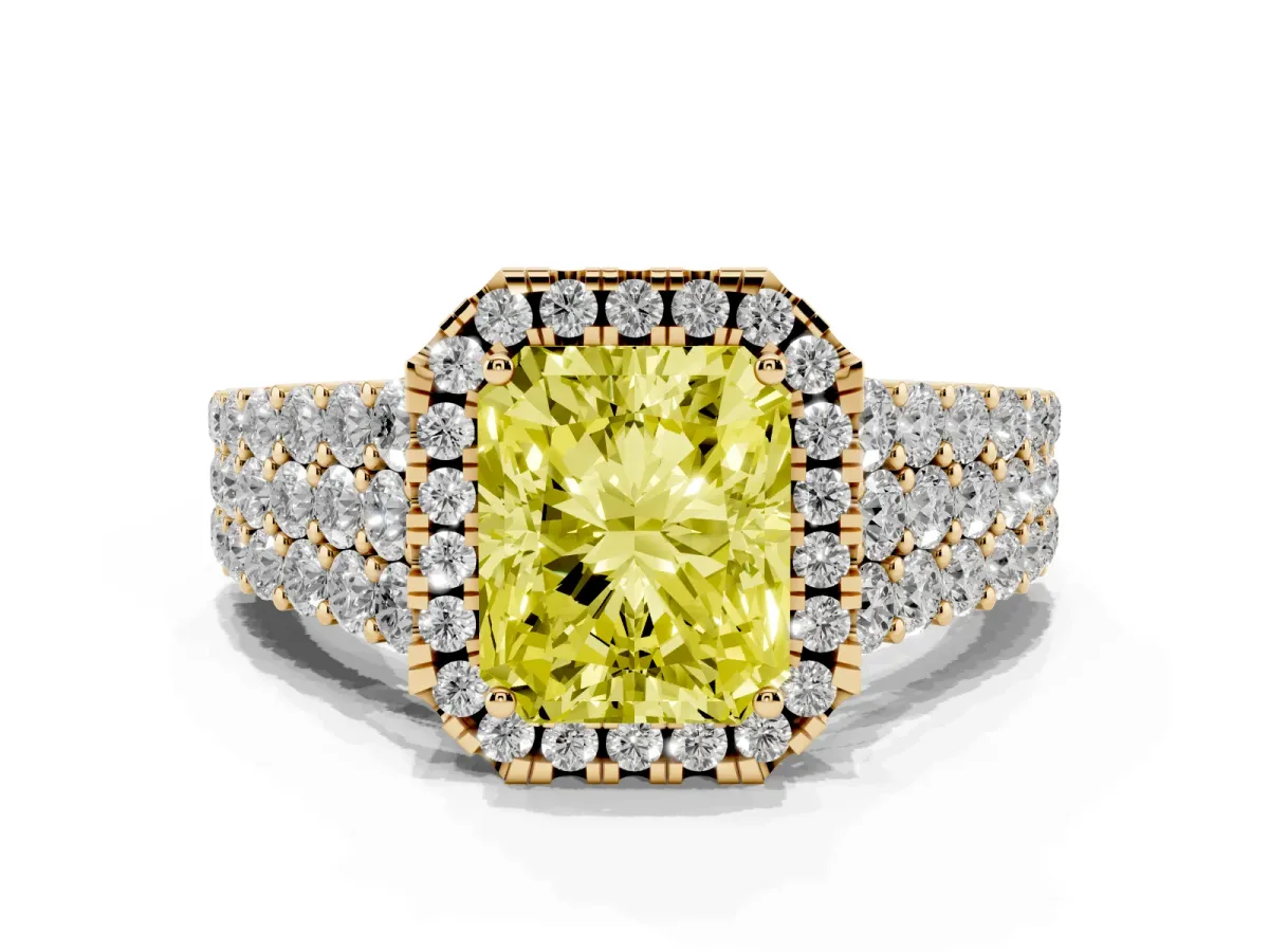 Fancy Yellow Radiant Cut Diamond Halo Engagement Ring with Triple Row Round Pavé Band and Prong Setting Yellow gold