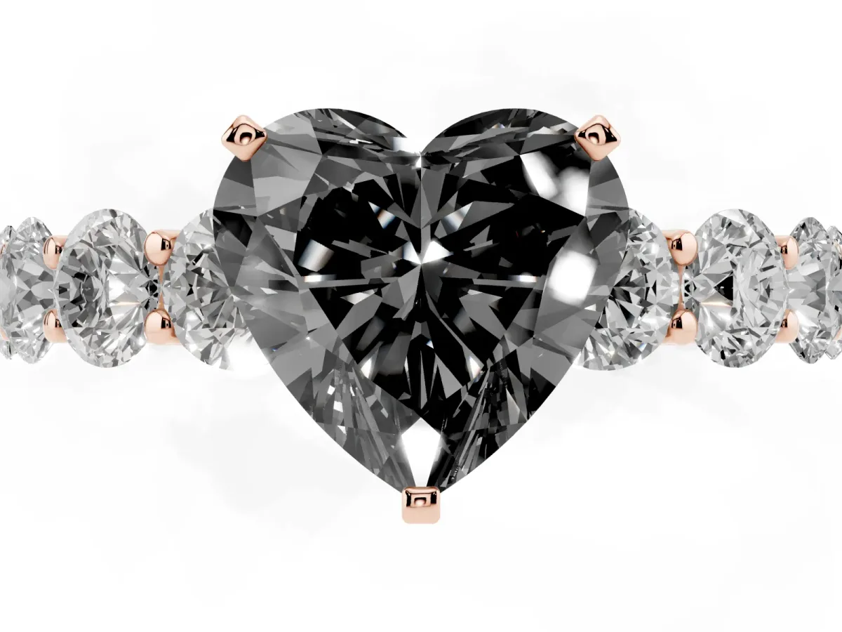 Fancy Black Heart Cut Diamond Prong Setting with Side Stones on a Pave Band Rose gold