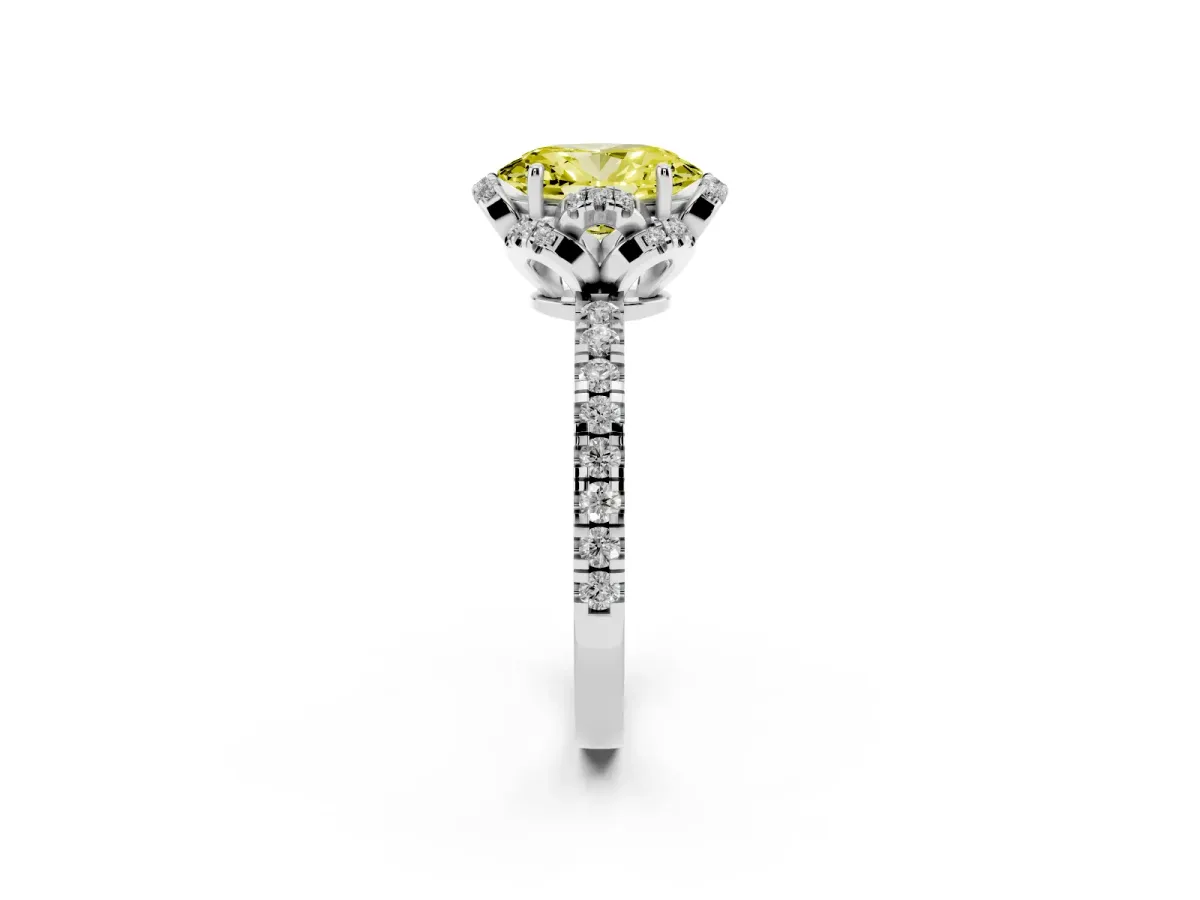 Fancy Yellow Oval Cut Diamond Halo Pave Band with Four-Prong Setting Silver