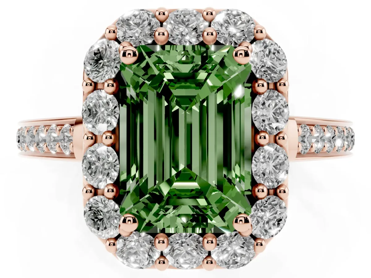 Fancy Green Emerald Cut Diamond Floral Halo Ring with Pavé Band and Prong Setting Rose gold