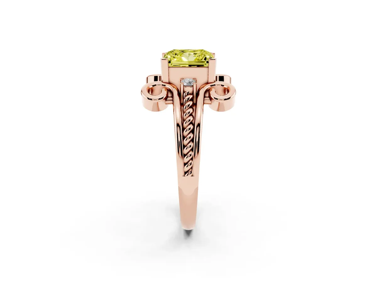 Fancy Yellow Princess Cut Solitaire Twisted Band Scroll Prong Ring Rose gold