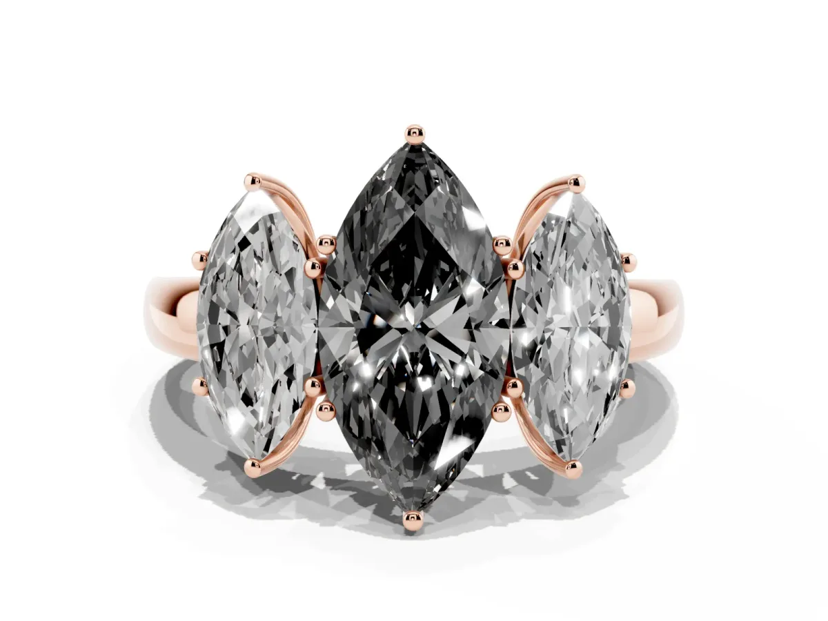 Fancy Black Marquise Cut Diamond Three-Stone Ring with Four-Prong Setting and Classic Band Rose gold