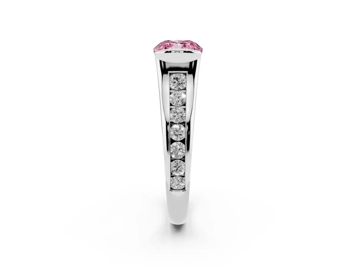 Fancy Pink Cushion Cut Solitaire Bezel-Set Diamond Ring with Channel-Set Band Silver
