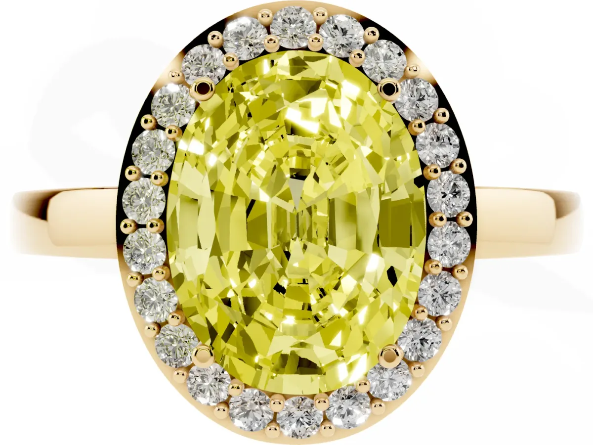 Fancy Yellow Oval Cut Halo Diamond Ring with Solitaire Band and Prong Setting Yellow gold