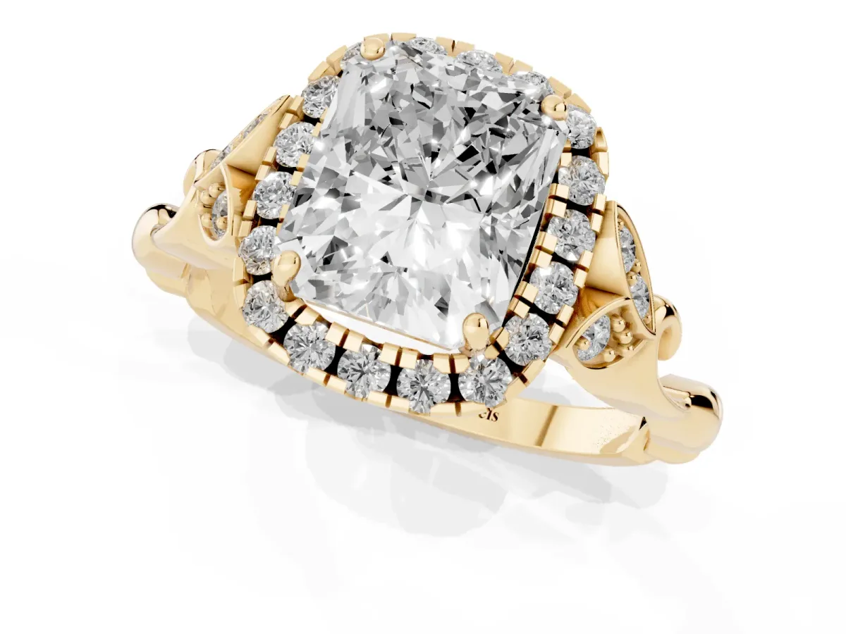 Radiant Cut Halo Diamond Engagement Ring with Vintage-Inspired Band and Four-Prong Setting Yellow gold
