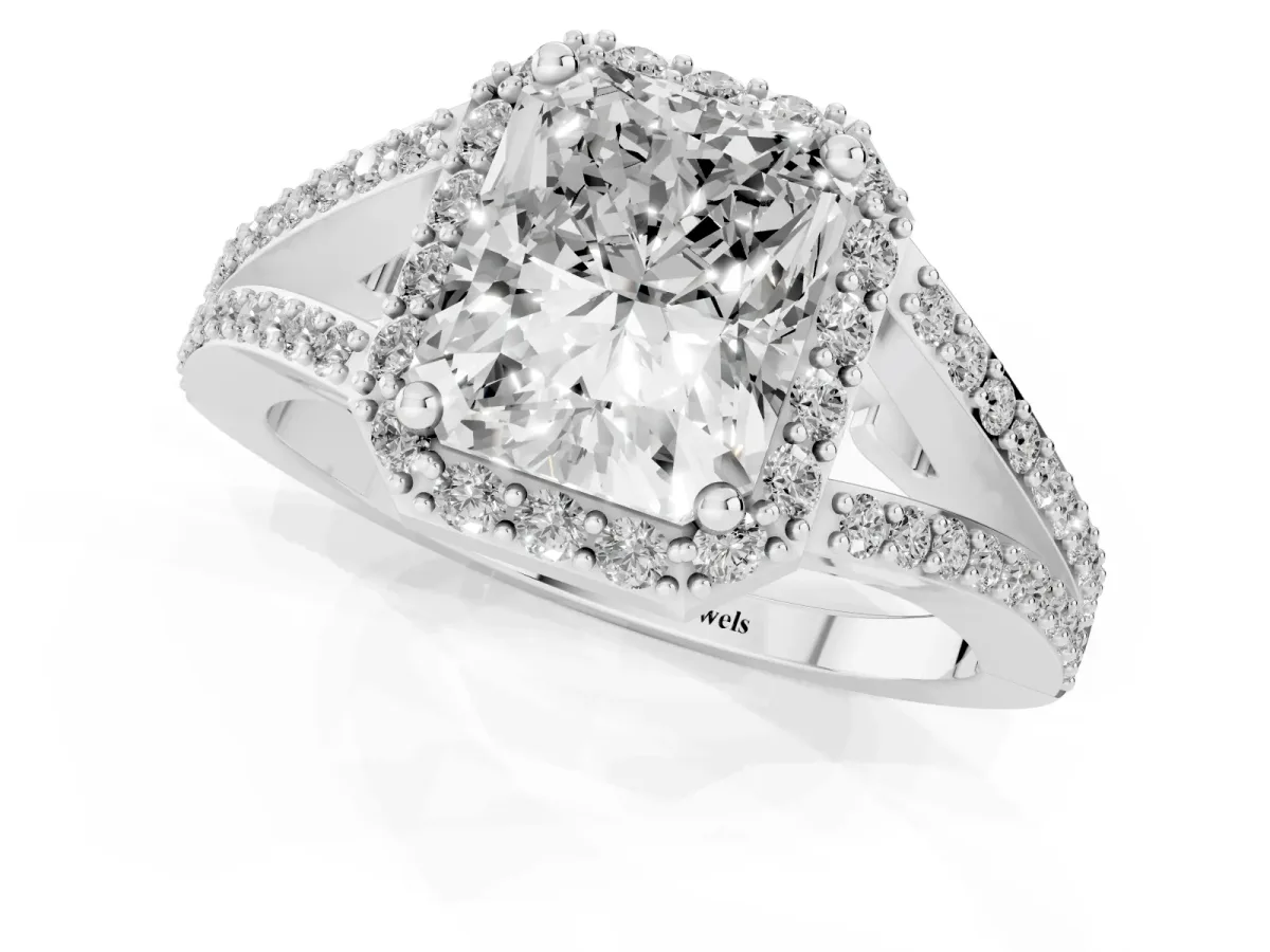 Radiant Cut Halo Split Shank Diamond Ring with Prong Setting Silver
